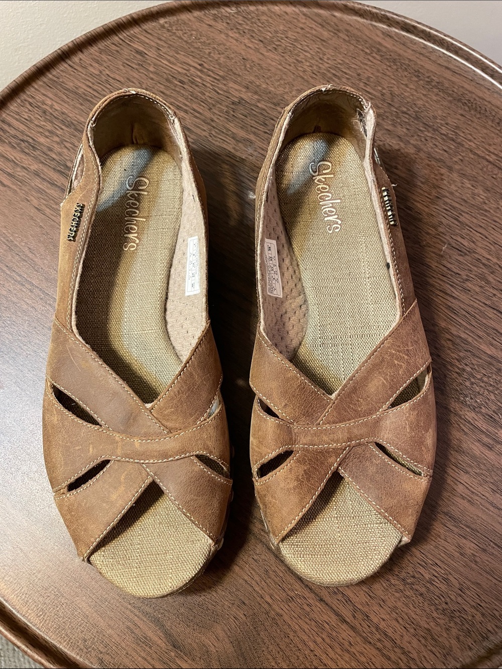 Skechers Women’s Brown Suede Crossover Peep-Toe Flats